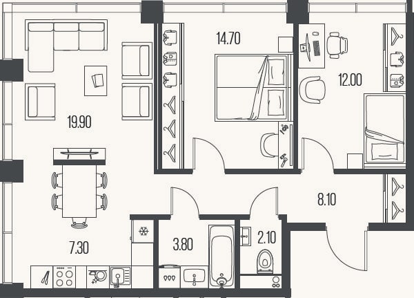 Планировка: 2-к, 67,9 м²