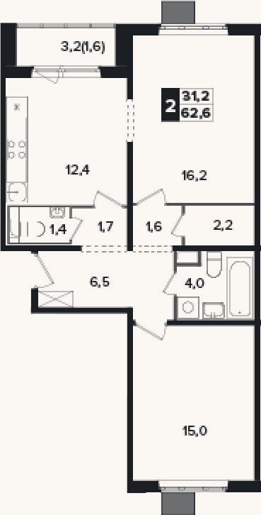 Планировка: 2-к, 60 м²