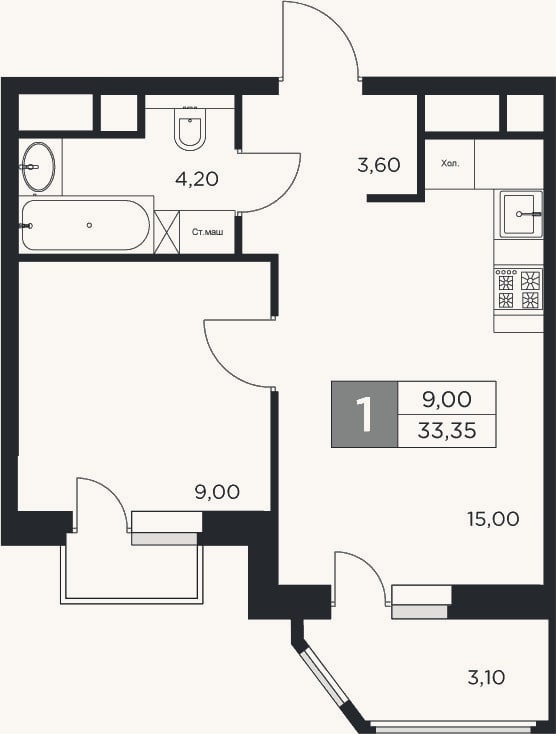Планировка: 2-к, 31,8 м²