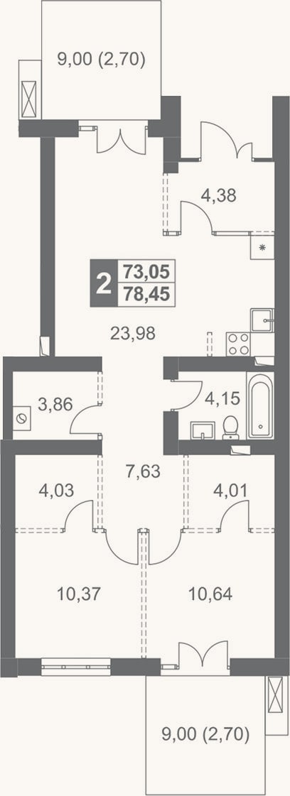 Планировка: 3-к, 73,1 м²