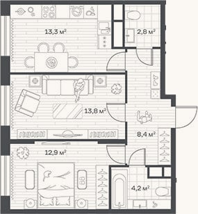 Планировка: 2-к, 55,4 м²