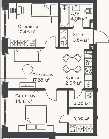 Планировка: 3-к, 59,6 м²