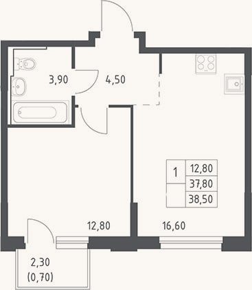 Планировка: 2-к, 37,8 м²