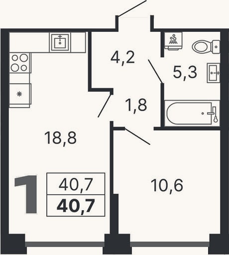Планировка: 1-к, 40,7 м²