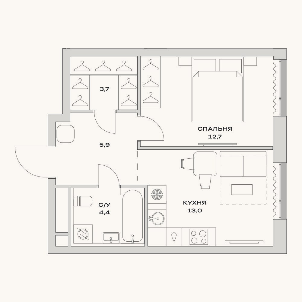 Планировка: 1-к, 39,7 м²