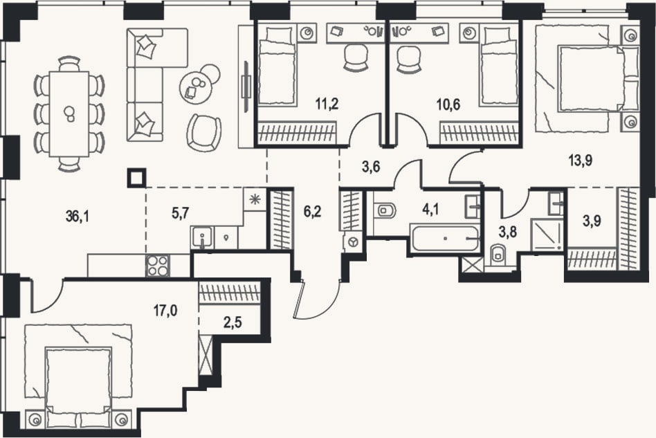 Планировка: 4+ к, 118,6 м²