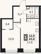 Планировка: 1-к, 43,6 м²