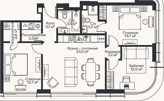 Планировка: 4+ к, 76,6 м²