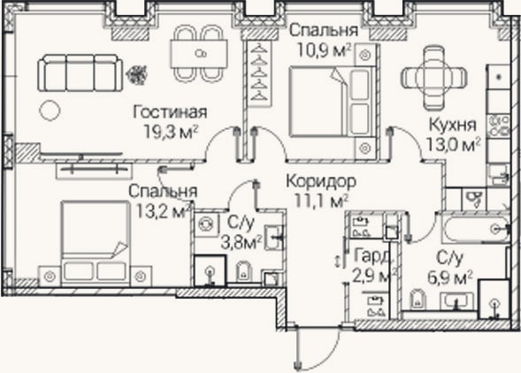 Планировка: 3-к, 81,1 м²