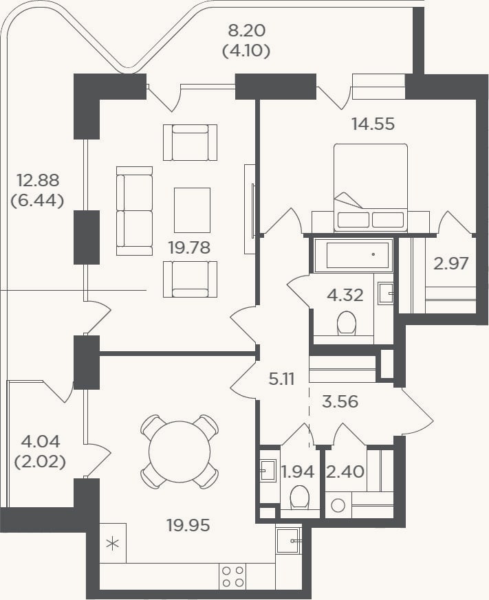 Планировка: 2-к, 74,6 м²