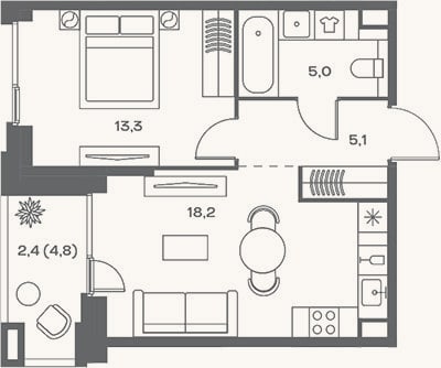 Планировка: 2-к, 41,6 м²
