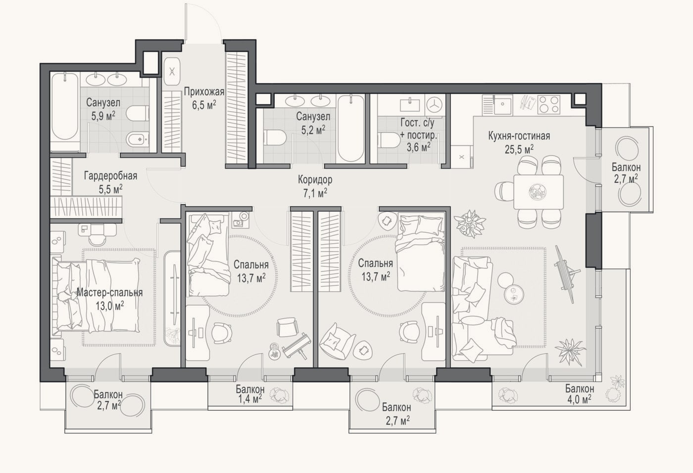 Планировка: 4+ к, 100 м²