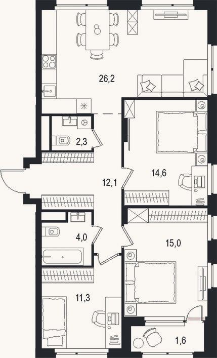 Планировка: 4+ к, 85,5 м²