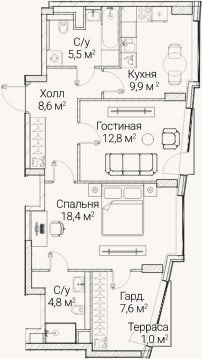 Планировка: 2-к, 67,2 м²