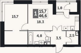 Планировка: 2-к, 44,8 м²