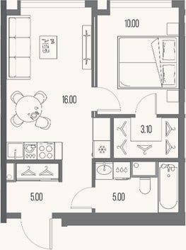 Планировка: 1-к, 39,1 м²