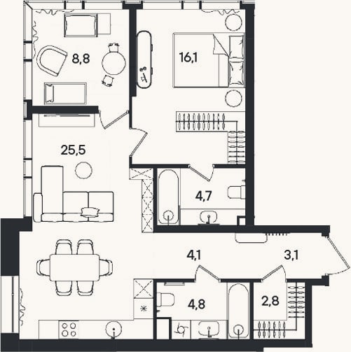Планировка: 3-к, 69,9 м²