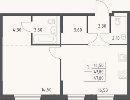 Планировка: 2-к, 47,8 м²