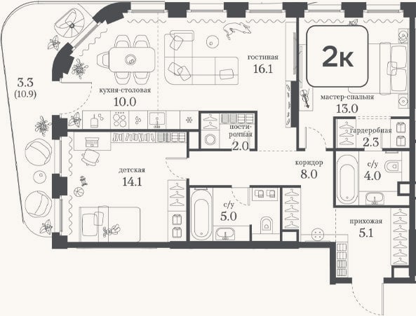 Планировка: 2-к, 79,6 м²