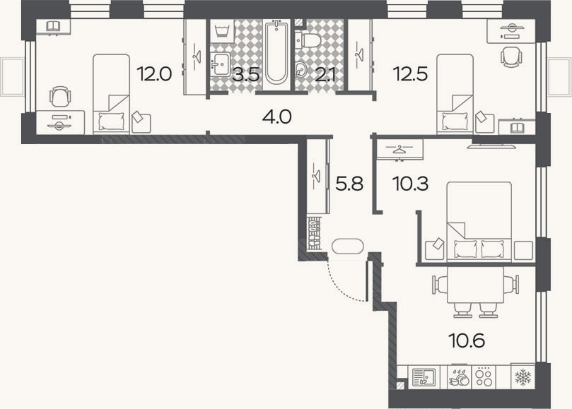 Планировка: 3-к, 60,8 м²
