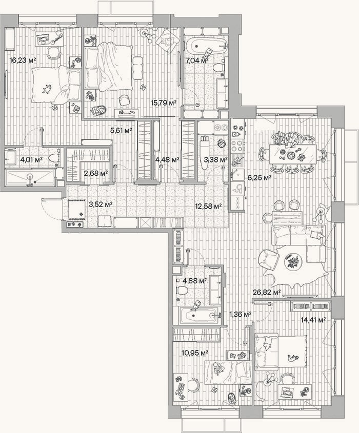Планировка: 4+ к, 140 м²