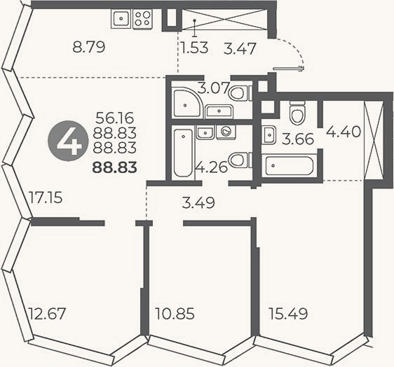 Планировка: 3-к, 88,8 м²