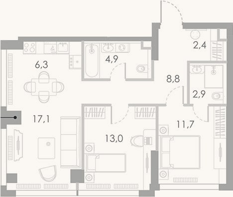 Планировка: 3-к, 67,1 м²