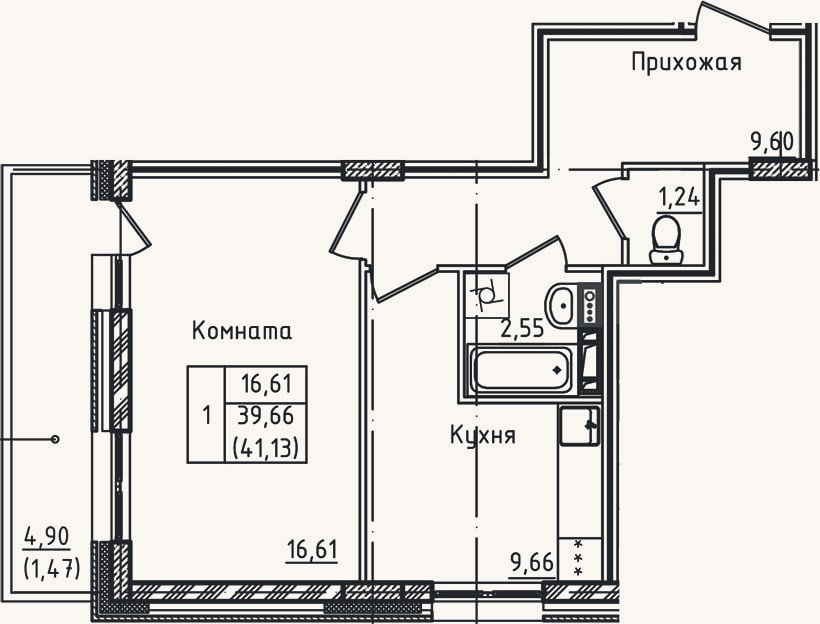 Планировка: 1-к, 39,7 м²
