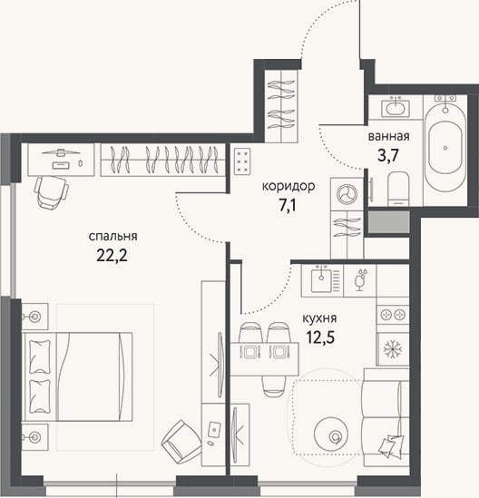 Планировка: 1-к, 45,5 м²