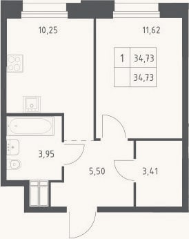 Планировка: 1-к, 34,7 м²