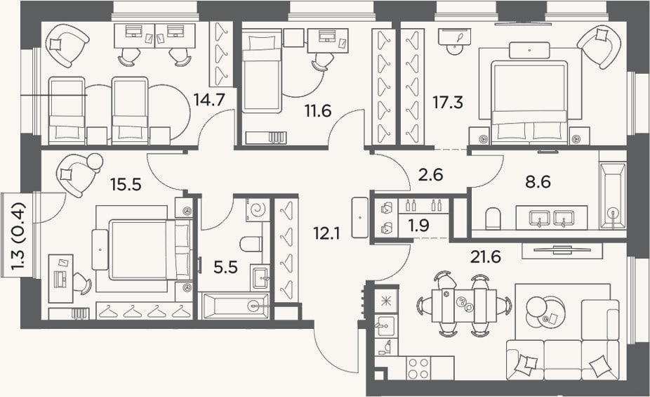 Планировка: 4+ к, 111,4 м²