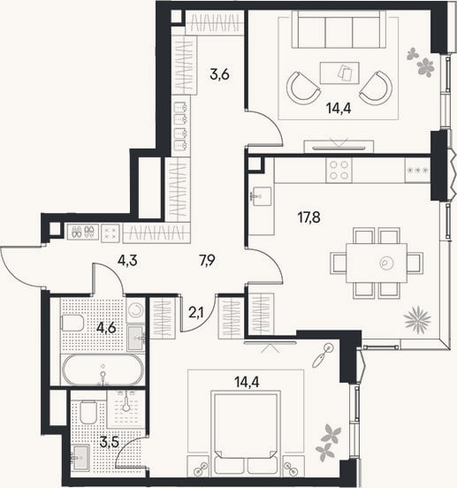 Планировка: 3-к, 72,6 м²