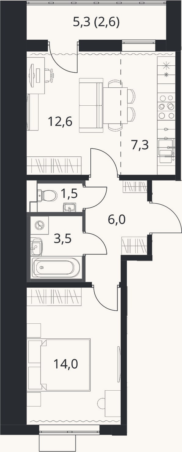 Планировка: 1-к, 44,9 м²