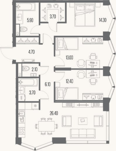 Планировка: 3-к, 92,3 м²