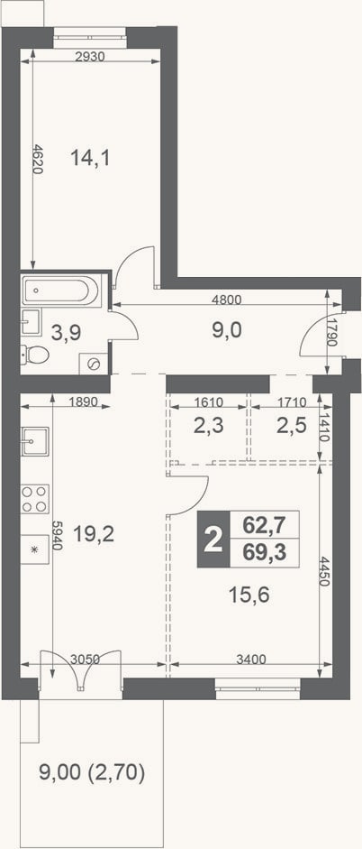 Планировка: 2-к, 66,6 м²