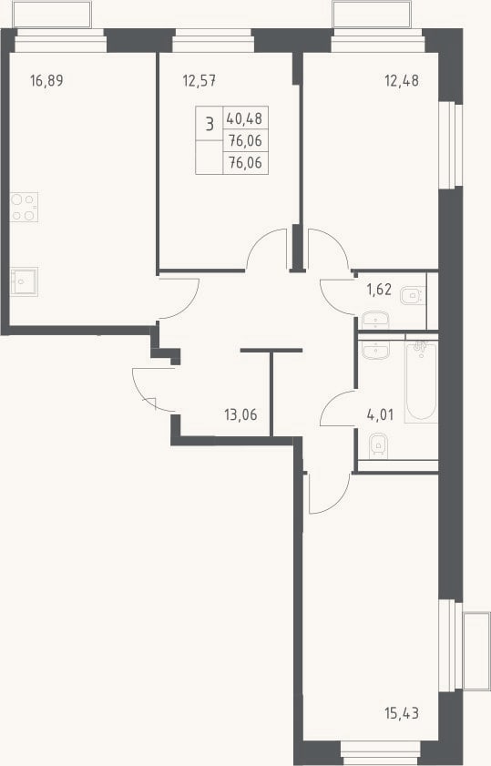Планировка: 3-к, 76,1 м²