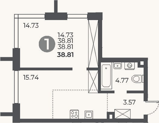 Планировка: 1-к, 38,8 м²