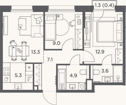 Планировка: 3-к, 56,1 м²