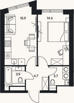Планировка: 1-к, 42,8 м²