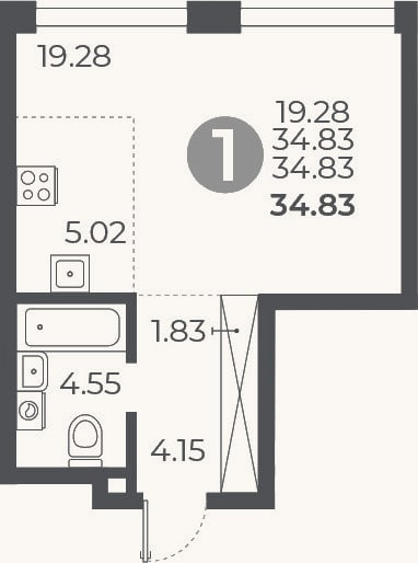 Планировка: Студия, 34,8 м²