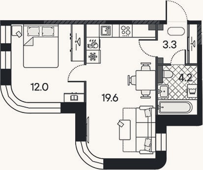 Планировка: 2-к, 39,1 м²