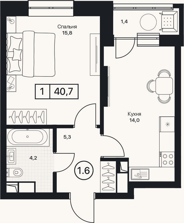 Планировка: 1-к, 39,3 м²