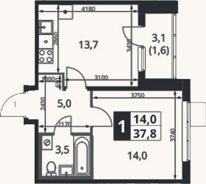 Планировка: 1-к, 36,2 м²