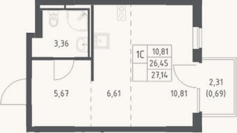 Планировка: Студия, 26,5 м²