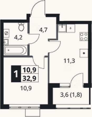 Планировка: 1-к, 31,1 м²