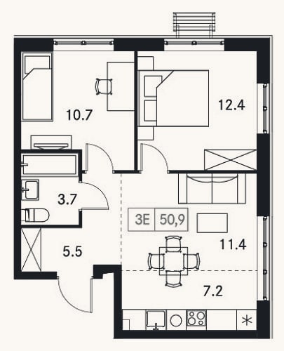 Планировка: 3-к, 50,9 м²