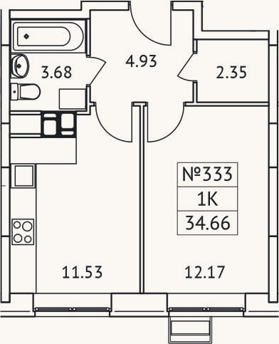 Планировка: 1-к, 34,7 м²
