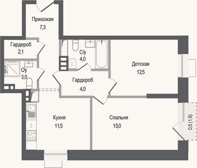 Планировка: 2-к, 59,4 м²