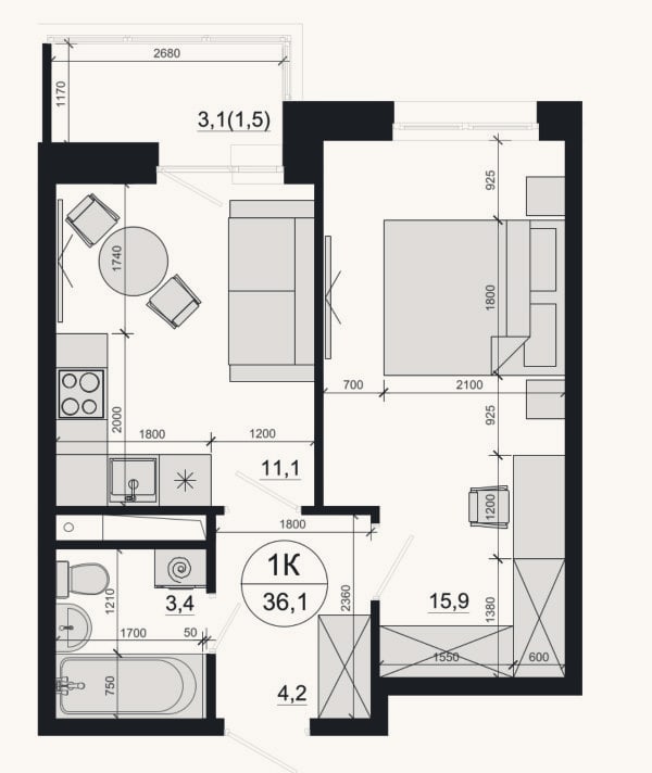 Планировка: 1-к, 34,6 м²