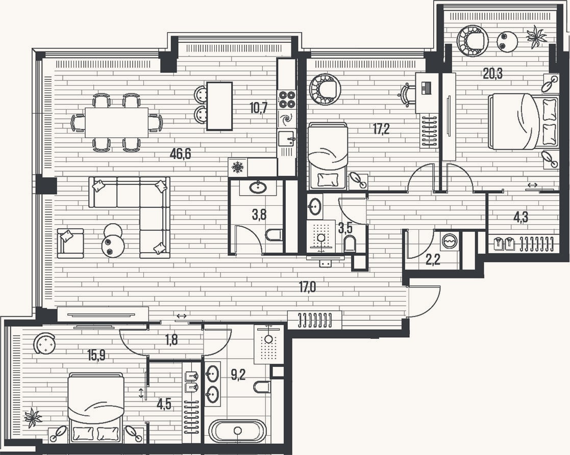 Планировка: 4+ к, 157 м²